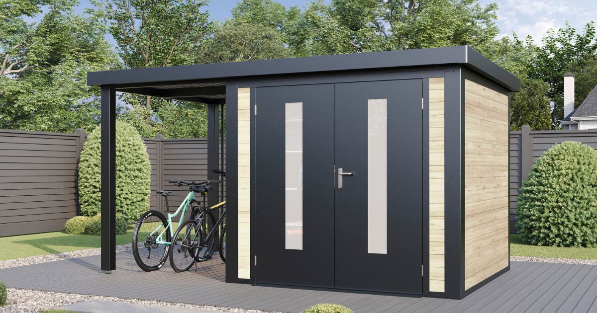 Finnhaus Alvar Hybrid-Gartenhaus aus Holz und Metall mit Terrasse